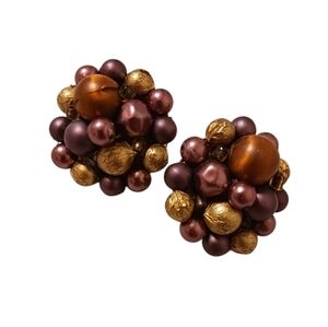 VINTAGE 1950S STUD CLIP ON PURPLE,BROWN,GOLD BEADED CLUSTER EARRINGS 💜